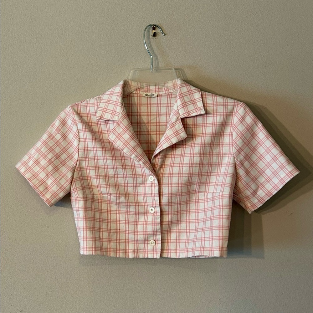 Pink Plaid Cropped Button-Up Shirt
